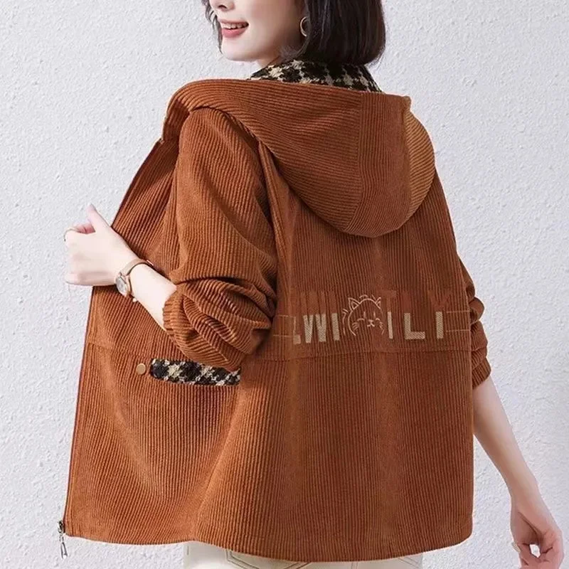 Women\'s Corduroy Coat New Fashion Hooded Spring Autumn Short Jacket Loose Female Windbreakers Casual Tops Casaco Feminino