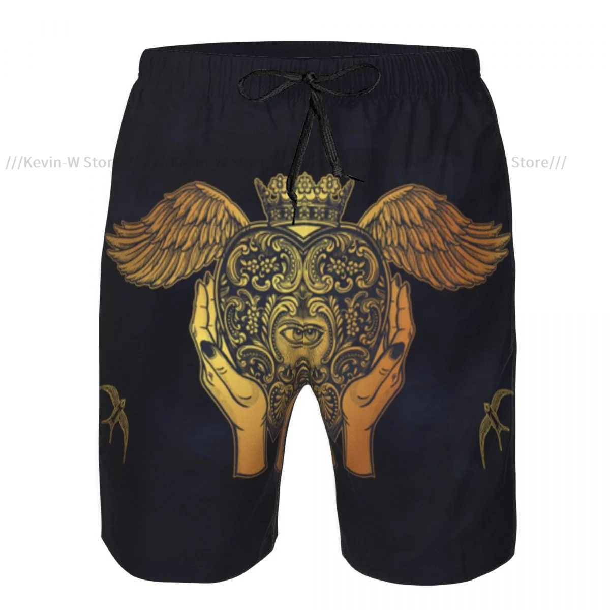 Summer Men's Swimwear Shorts Hands Holding Heart With Mystic Eye And Wings Beachwear Swim Trunks Men Swimsuit