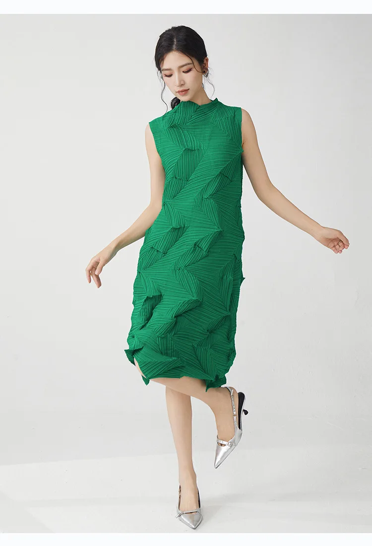 Miyake Plissierter Einfarbiger Rock 2025 Sommer Neues Kleid Elegantes Ärmelloses Loses Vielseitiges Midikleid – Detail 11