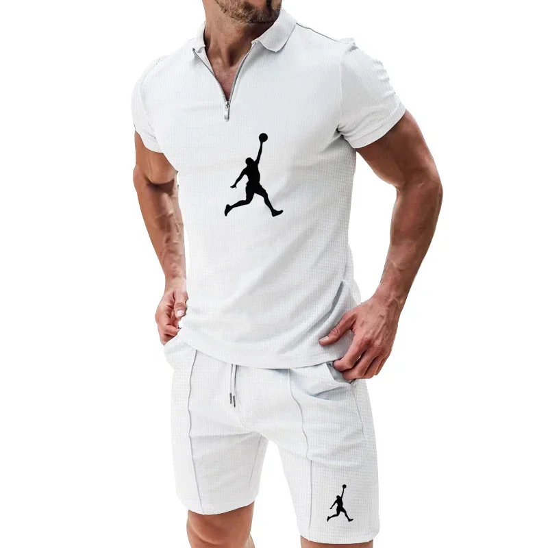 

New European and American Style Men's Summer Leisure Fashion Half-Zip Polo Shirt Sports Comfortable Breathable Short-Sleeve Set