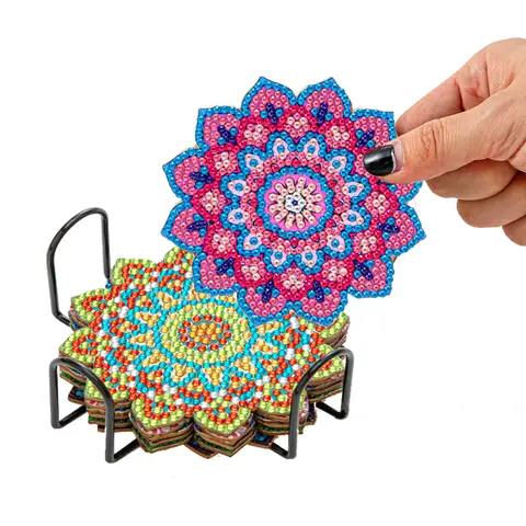6Pcs DIY Diamond Painting Coasters Mandala Flowers 5D Full Drill Diamond Art Non Slip Coasters with Holder Ideal Christmas Gift