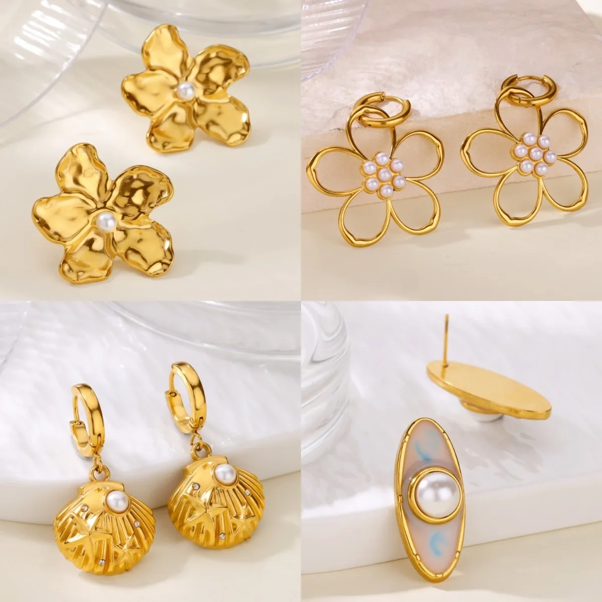 

French style Stainless Steel Hollow Flower Earrings For Women Gold Color Pearls Pierced Earrings Girls Ear Jewelry Accessories