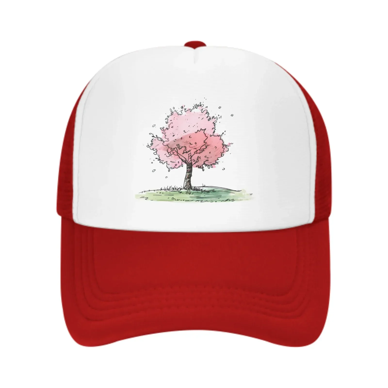 Cartoon Tree Pink Cherry Tree In Grassy Field Blue Sky Daily Sun Hat Fishing Outdoor Men's and Women's Truck Caps Fashion