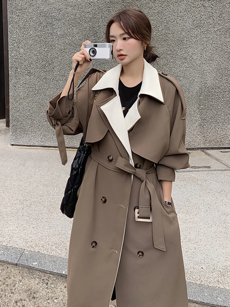 LANMREM Vintage Contrast Color Trench Coat Women Lapel Belt Double Breasted Windbreaker Fashion 2023 Autumn New Clothing 2AA3101