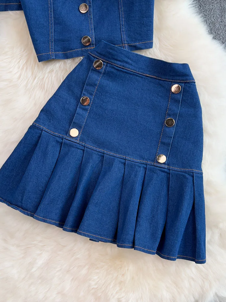 Damen-Set, Jeans, 2-teilig, Anzüge, Damen, passende Sets, Knöpfe, Pullover, Minirock, kurze Ärmel, weibliche Kleidung