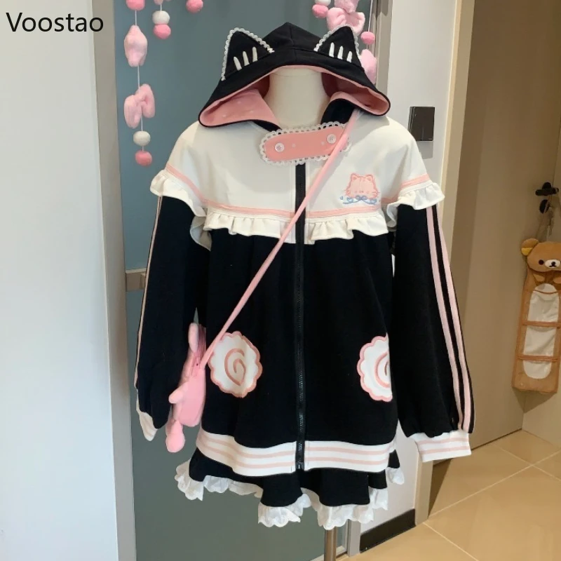 

Autumn Japanese Kawaii Lolita Style Jackets Women Sweet Embroidery Cat Ears Hooded Coat Harajuku Girls Y2k Loose Sweatshirt Tops