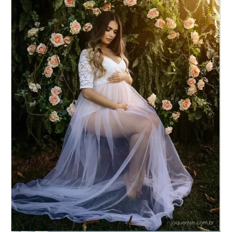 

Lace Off Shoulder Maternity Dress For Photoshoot Split Front A-line Skirt See Through Pregnancy Maxi Gown for Baby Shower