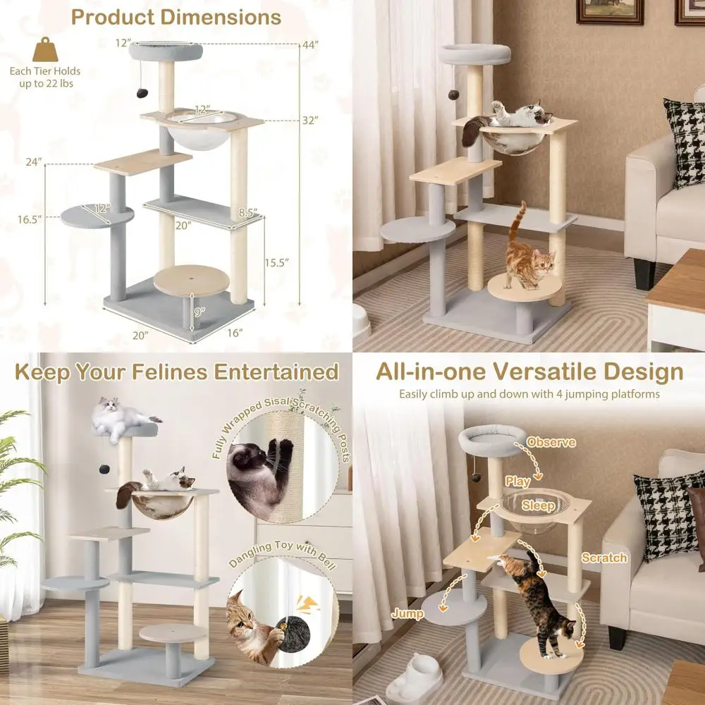 

Многоуровневая кошачья лестница-когтеточка 44 уровня с съемной мягкой лежанкой, сизалевыми столбиками, платформами и подвесным мячиком для игр кошек в помещении