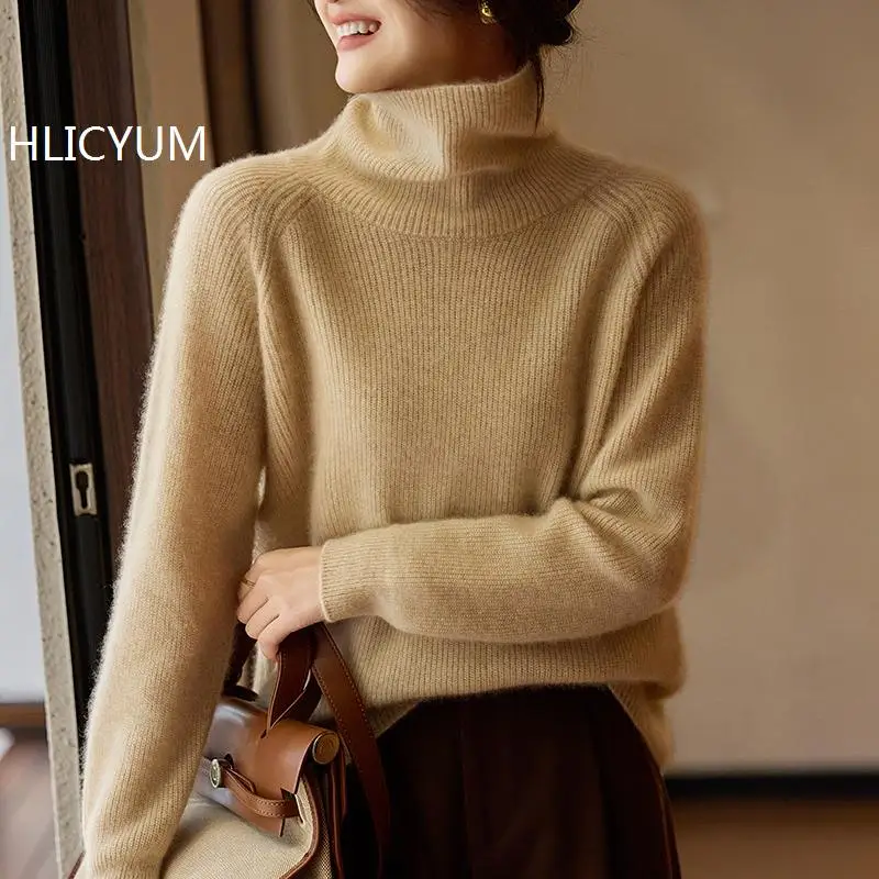 

Women's Loose Fit Turtleneck Sweater 100% Merino Wool Warm Solid Pullover Knitwear Basic Female Jumpers for Autumn Winter