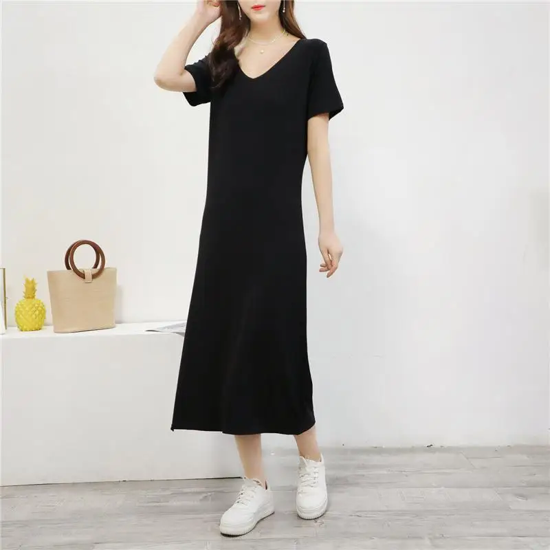 Letnia koszulka z dekoltem w serek, spódnica o kroju litery A do kolan z wysokim stanem, odzież damska, wygodna, oddychająca, codzienna.