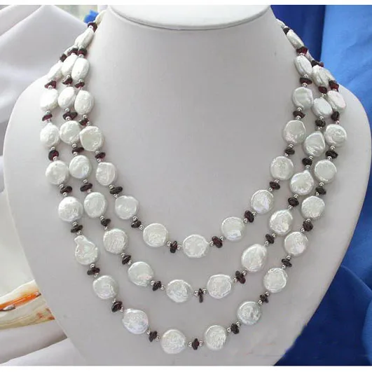 Favorite Pearl Jewelry,3Row 12mm White Coin Freshwater Pearl Garnet Necklace,Perfect Wedding Birthday Party Charming Women Gift.