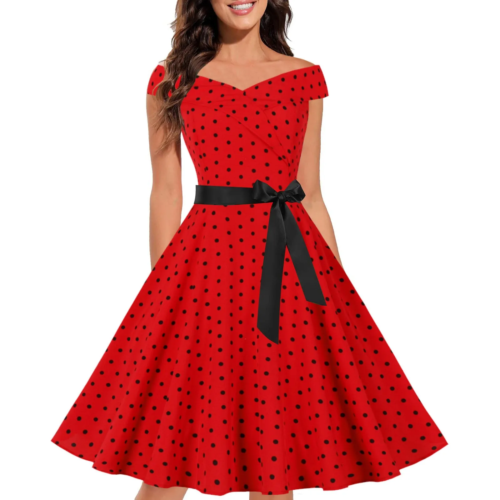 Women\'s Vintage Cocktail Dress 1950s Retro Sleeveless Polka Dot Swing Party Dress Loose Casual Waist Bow Tie Fashion Dress