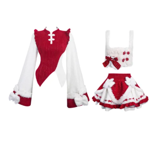 Autumn Winter Red Chinese Sweet Bow Long Sleeve Irregular Stand-up Collar Top Lolita Girls High Waist Age-reducing Cake Skirt
