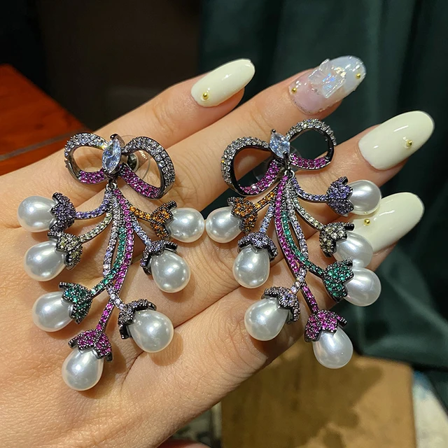SUYU Vintage French Long Slim Summer Colorful Sky Branches Simulated Pearl Tree Earrings Bow Knot AliExpress