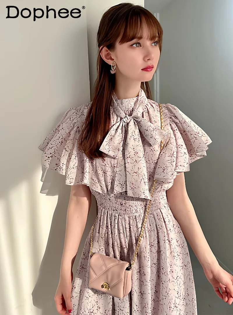 

Japanese Sweet Lady Elegant Short-sleeved Lace-up Dress 2026 Summer High Waist Thin Cool Breathable Women's Long Dress