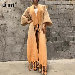 WINYI Winter Women Gradient color Luxury Fur Neutral coat Loose Thick comfortable Warm Female coat over poncho tassels jacket