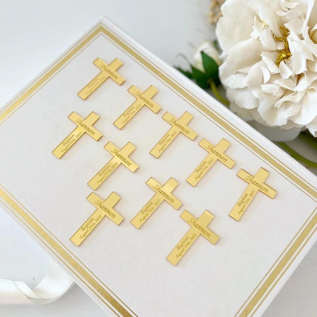 30Pcs Personalized Baptism Gold Acrylic Crosses, First Communion Favors, Mi Bautizo, Christening Favors, Wedding Favors Custom