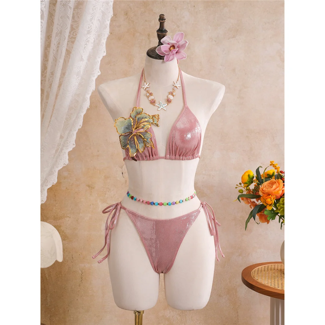 3D-Blumen mit Rock, Neckholder-Bikini, Damen-Badebekleidung, dreiteiliges Bikini-Set, gepolsterter Badeanzug, Badeanzug, Schwimmbekleidung V8368 – Detail 16