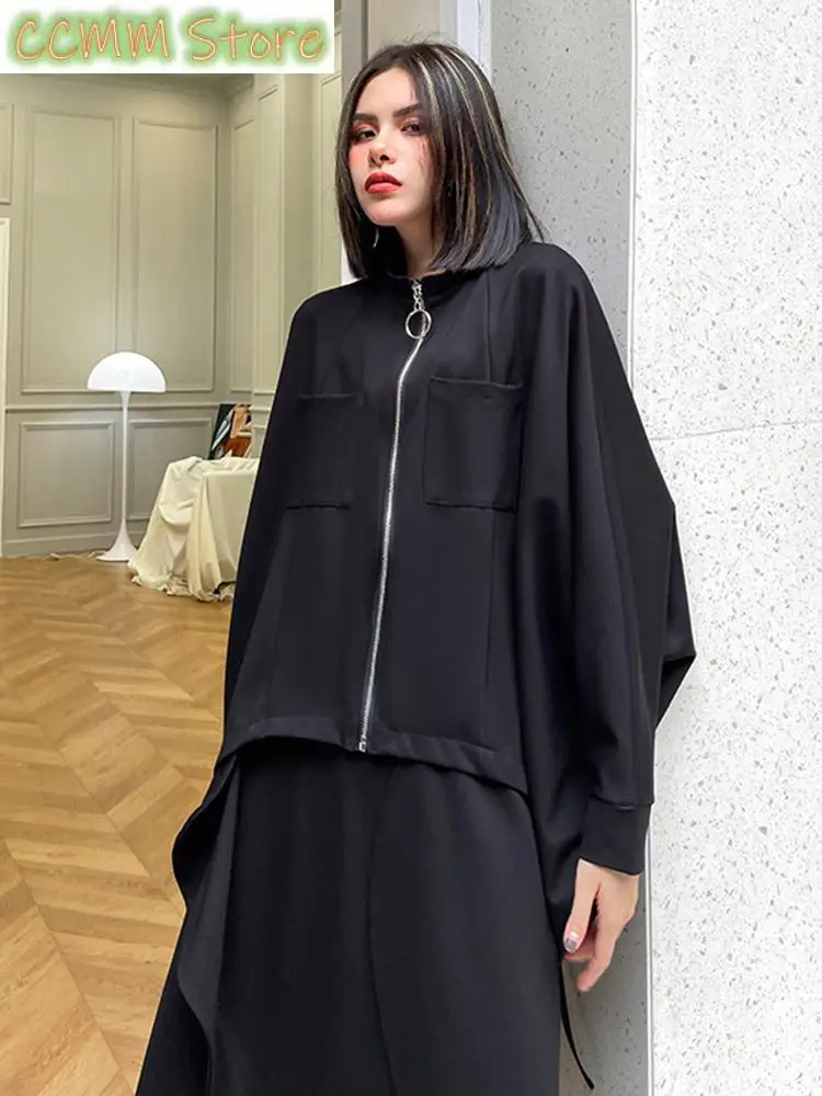 

Loose Fit Black Big Size Casual Jacket New Stand Collar Long Batwing Sleeve Women Coat Fashion Spring Autumn