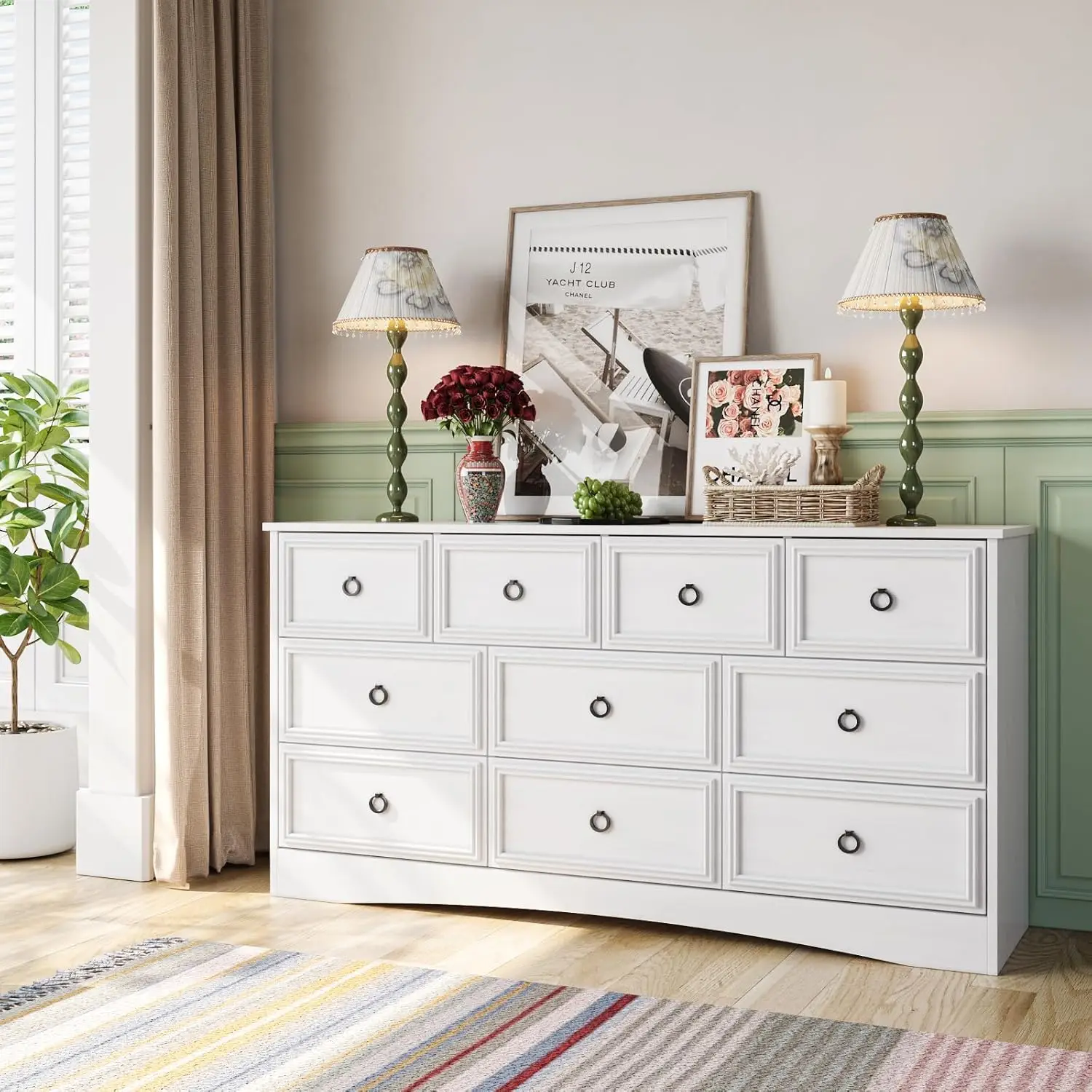 10 Drawer Dresser, Chest of Drawers Closet Organizers and Storage ClothesTextured Borders Living Room, Hallway, White