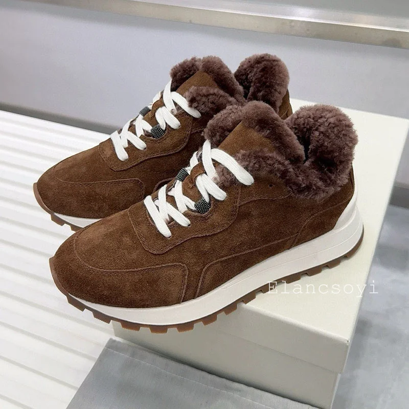 Sneakers Women's Thick Sole Lace Up Daddy Shoes Suede Round Toe String Bead Flat Shoes Winter Real Wool Lining Warm Casual Shoes