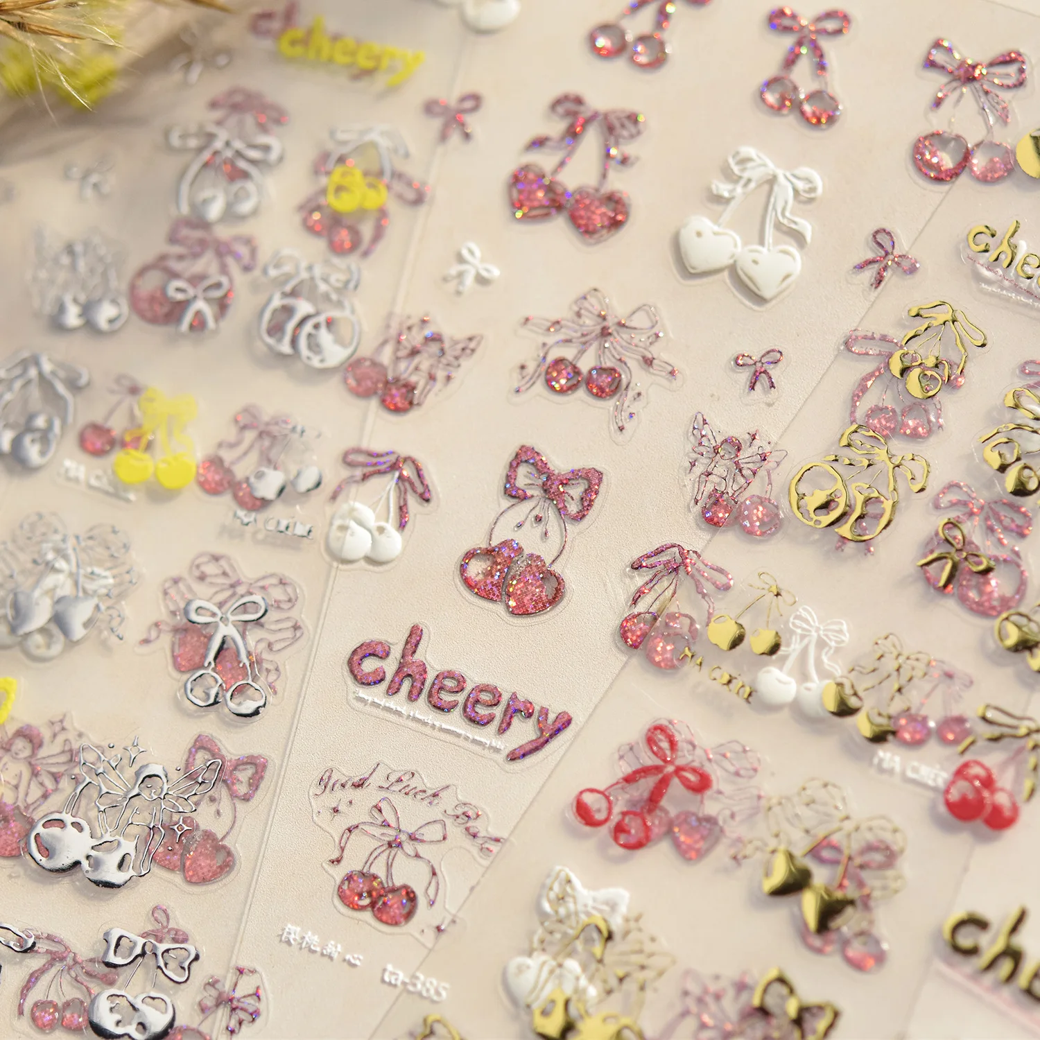 

Colorful Cherry Bowknot 5D Nail Art Sticker Gold Stamping Glitter Summer Cute Juicy Fruit Self Adhesive Decoration Manicure Deca