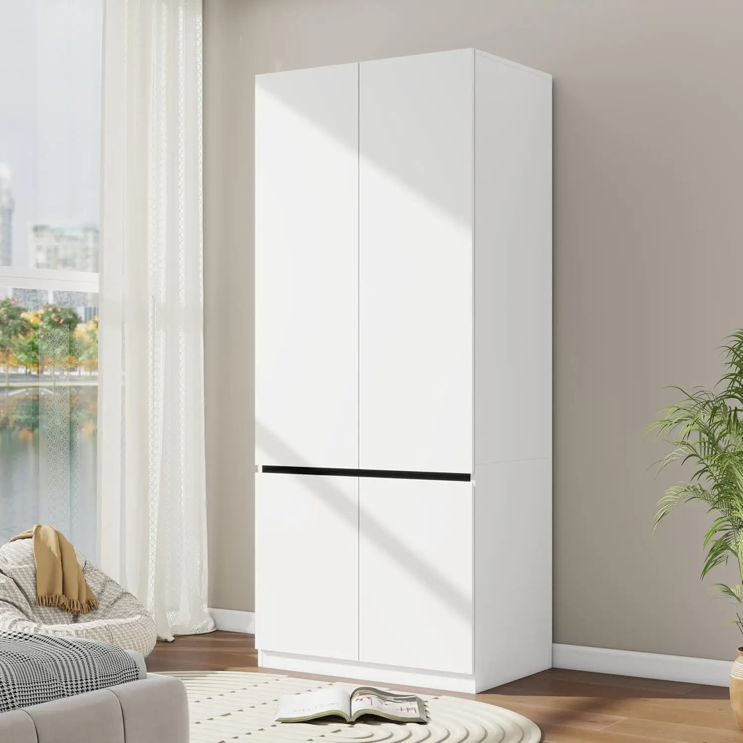 White Wardrobe Closet with 2 Doors 75"H x 31.5"W Bedroom Cabinet for Clothes Wooden with Hanging Rod & Shelves, Customized