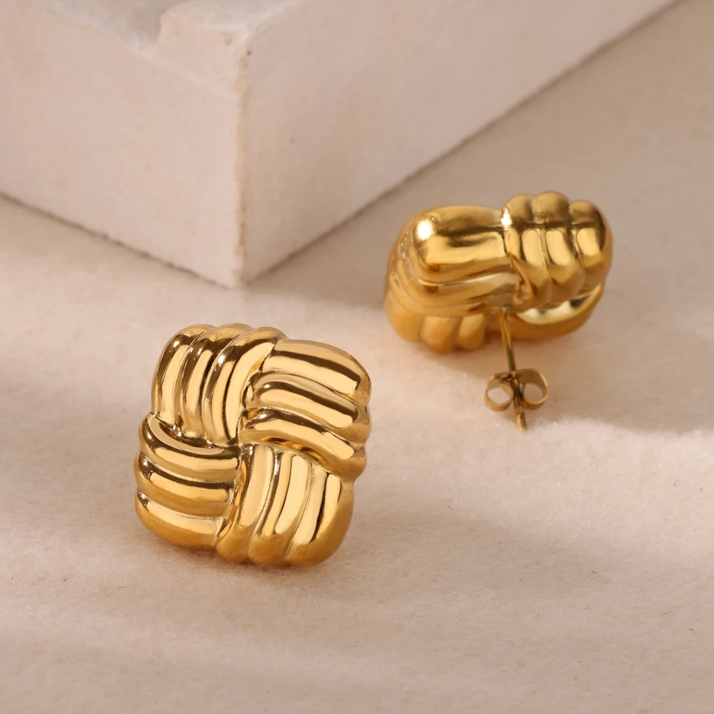 Temperament Square Texture Earring For Women Stainless Steel Gold Color Personality Trend Stud Earring Fashion Jewelry Exquisite