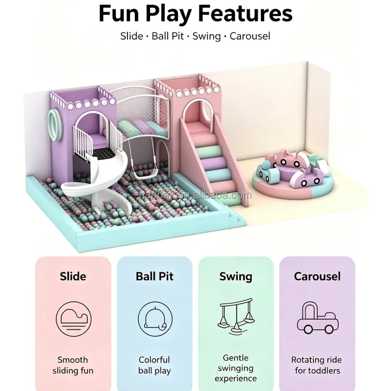 Indoor Pastel 1~8 Years Toddler Playground Soft Play with Carousel Ride Swing Ball Pit Fun Play Area for Play Cafe Home Daycare