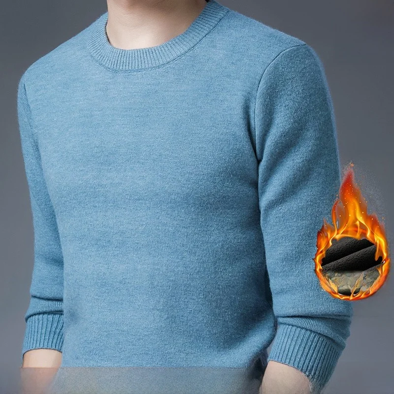 

Thiened Fce Winter Sweater Men's Knitted Wool round Ne Pure Color plus Size Big Man Warm Ci Walk Casual Long Sve