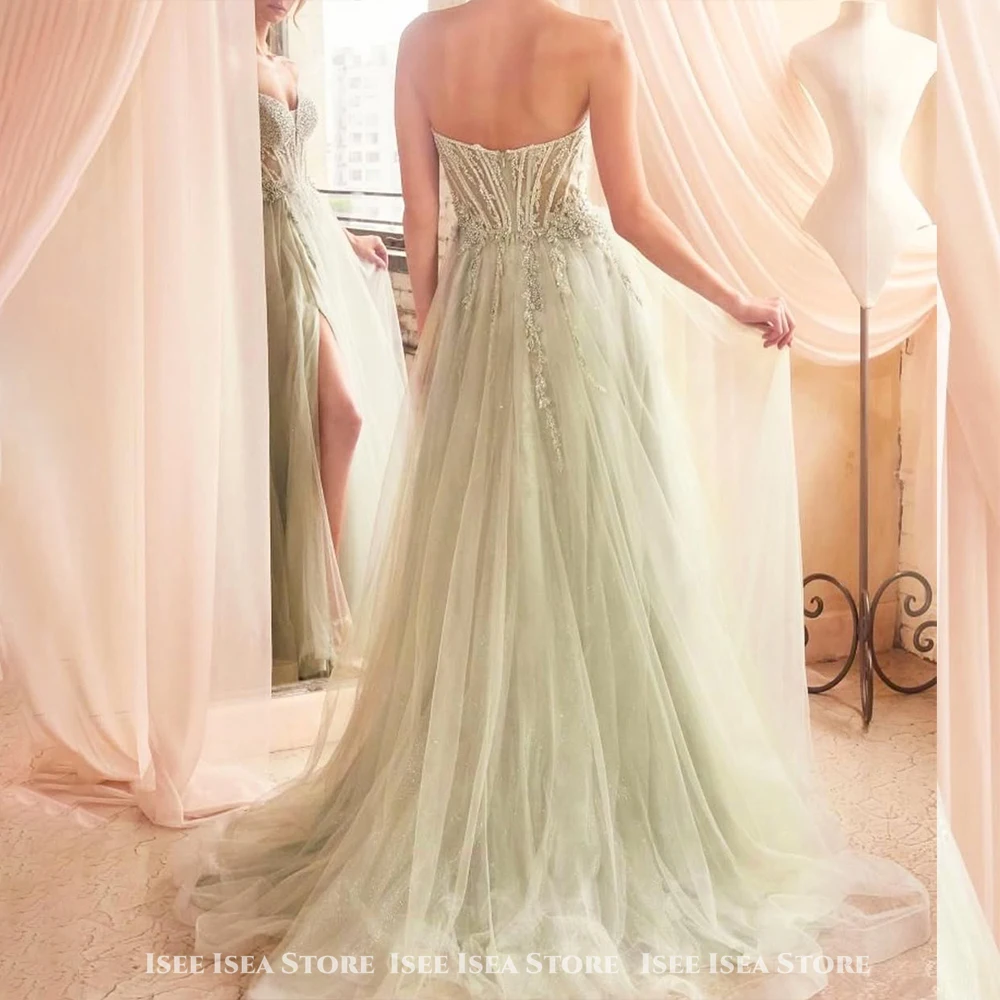 Robes de soirée vertes pour femmes, élégantes, sans manches, brillantes, sans bretelles, romantiques, personnalisées