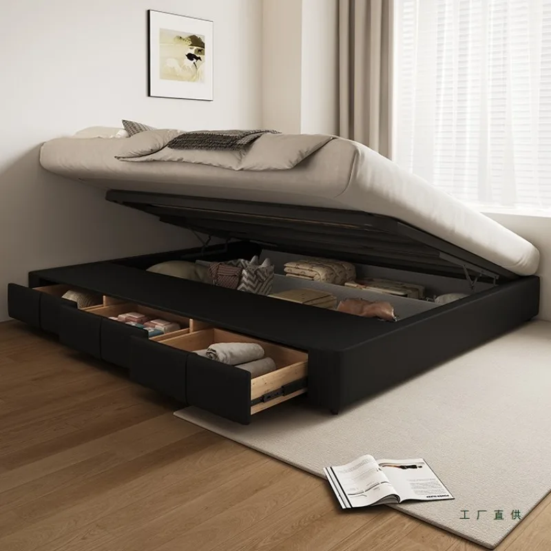 Black bedside bed tatami storage storage with drawers small apartment space saving side opening skeleton frame