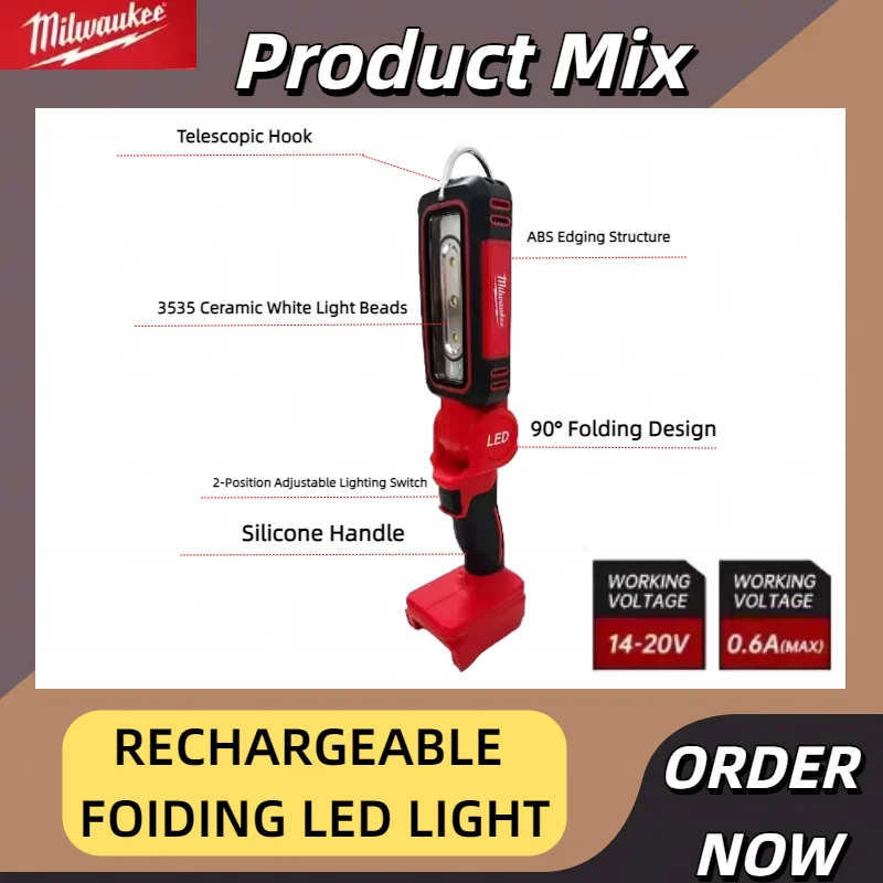 Milwaukee-luz LED de trabajo recargable para acampada, linterna superbrillante con gancho, modos de iluminación aptos para trabajo nocturno, inspección de automóviles