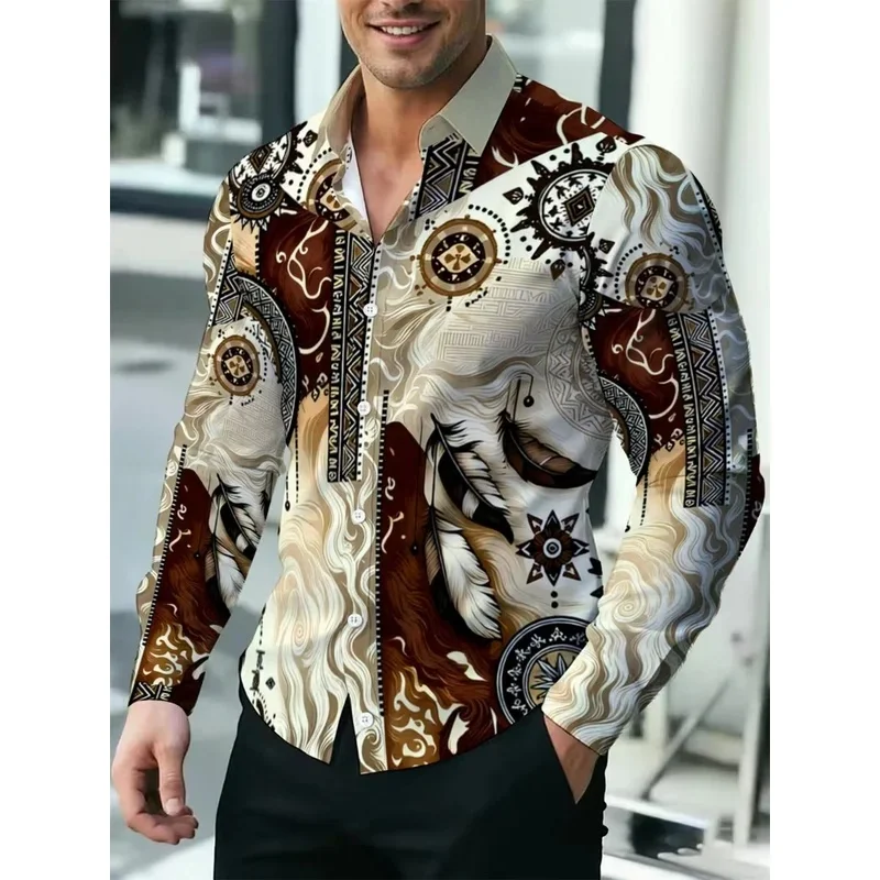 New Retro Warm Brown Autumn Leaf Contrasting Printed Shirt, Light Luxury Patchwork Slim Fit Men's Long-Sleeved Shirt