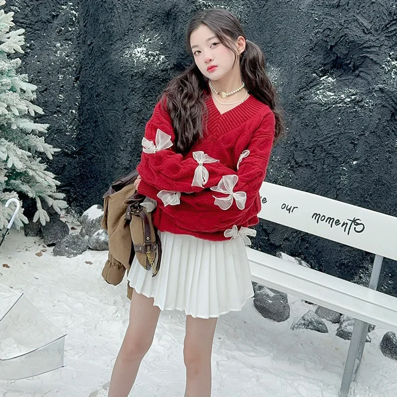 Retro sweater girl's 2024 autumn and winter new Korean style lazy style slimming bow design sense knitted sweater