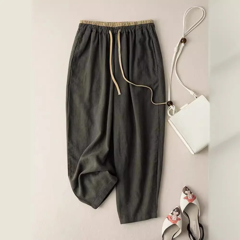 XIZOU Retro Cotton Linen Wide Leg Pants Women Summer Loose Color Versatile Drapey Slimming Nine Points Casual Trousers