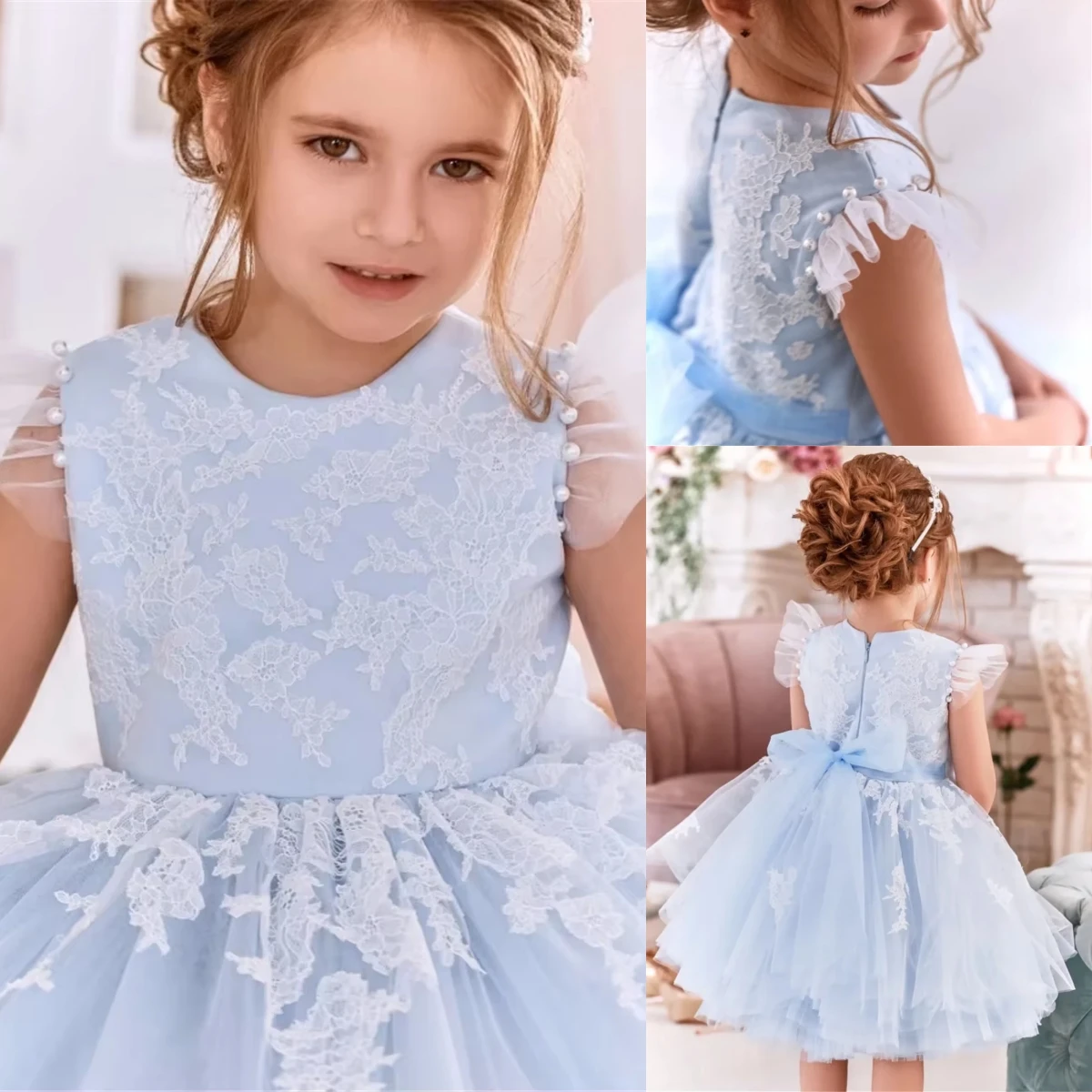 

Lovely Blue Flower Girl Dress Tulle Fluffy White Lace Appliques Pearl Sleeveless for Wedding Birthday Party Banquet Ball Gowns