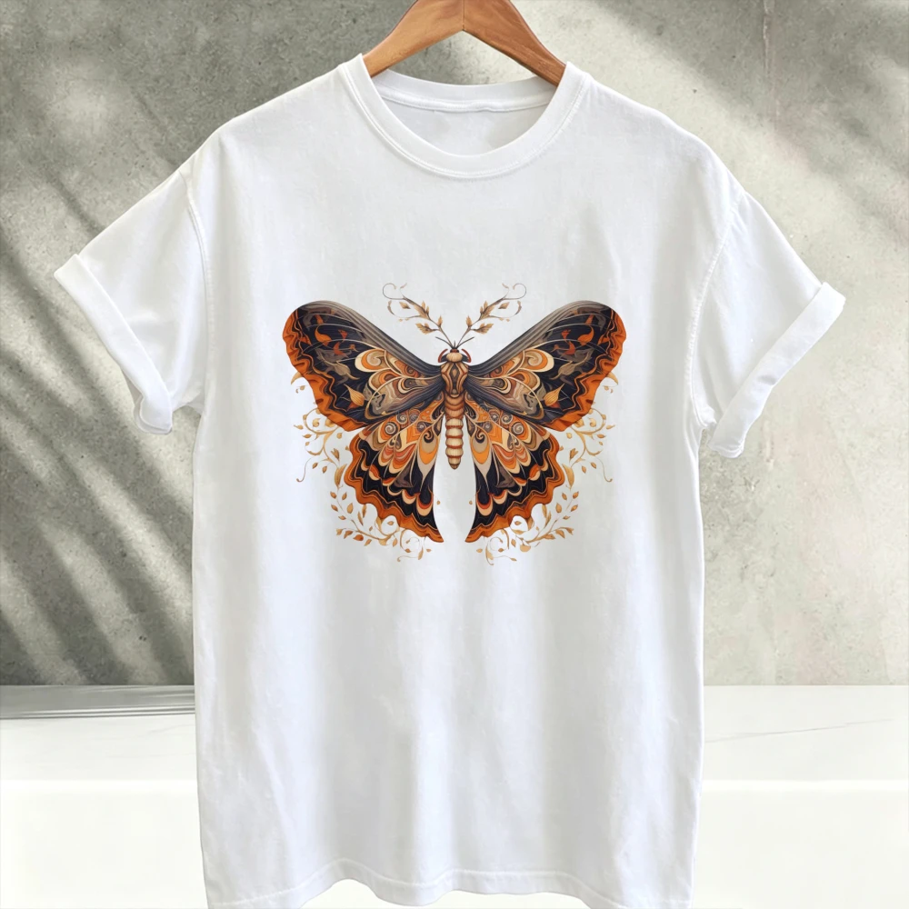 Butterfly Ornamental Graphic Printed T-Shirt Black Orange Brown Vintage Decorative Wings Curl Leaf Pattern Short Sleeve unisex