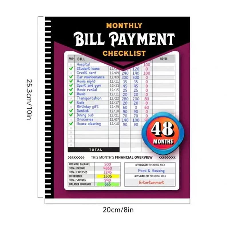 Bill Payment Checklist, planejador de orçamento mensal, Family Financial Organizer Book, Expense Tracker, 4-Year Guide Pagamento para pagamento fácil