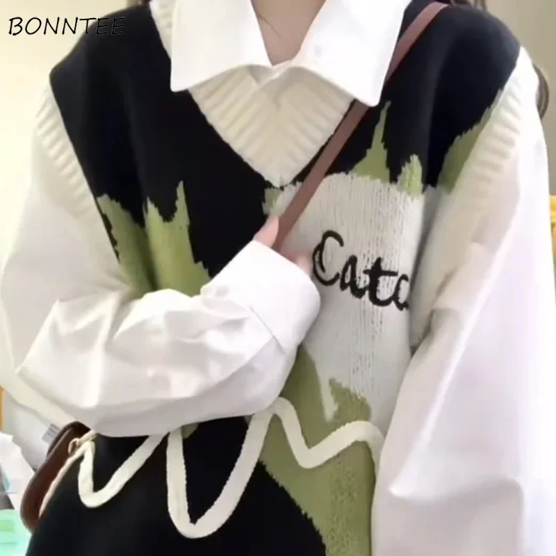 V-neck Sweater Vest Women Preppy Style Candy Color Sweet Loose Leisure Streetwear Korean Trendy Design Ladies Autumn Tops