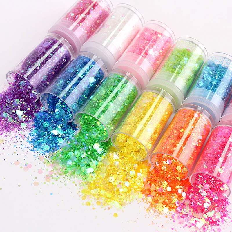 32/24/20pcs holo graphische Nagel Glitter Flocken mehrfarbige Regenbogen unregelmäßige funkelnde klobige Flocken Pulver Meerjungfrau Nail Art Decora tio