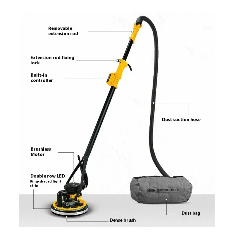 1200W Brushless Wall Sander Self-Priming Feature Long Rod Dual LED Lights Putty Plaster Polishing Machine with Sandpaper
