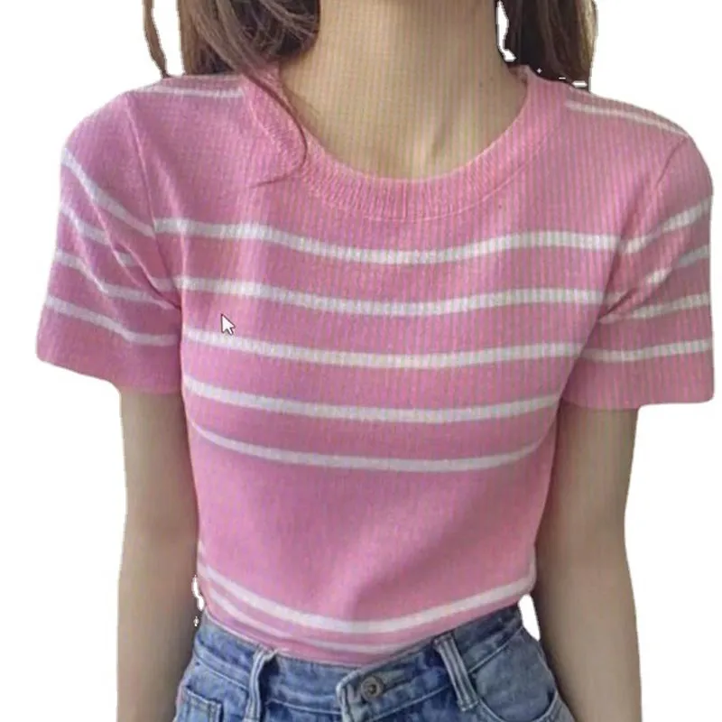 2025년 여름 여성용 얇고 다용도 스트라이프 니트 티셔츠 편안하고 통기성 좋은 캐주얼 스타일 모든 연령대에 적합