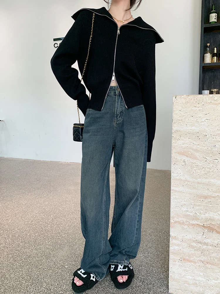 

American High Street Wide Leg Jeans Women's Loose Straight Slimming Popular New Style Cotton Stretch High Waist Washed Zipper