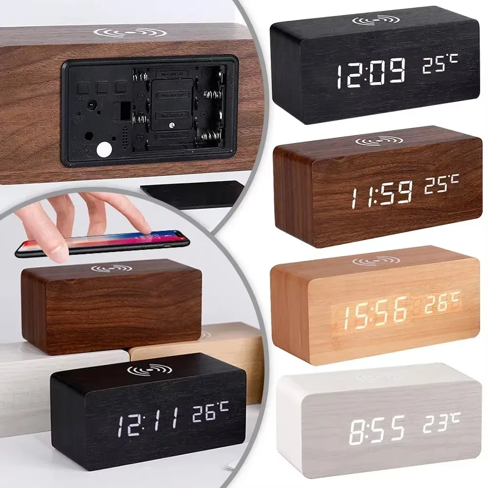 Alarm Clock LED Digital Wooden USB/AAA Powered Table Watch with Temperature Humidity Wireless Charging Electronic Desk Clocks