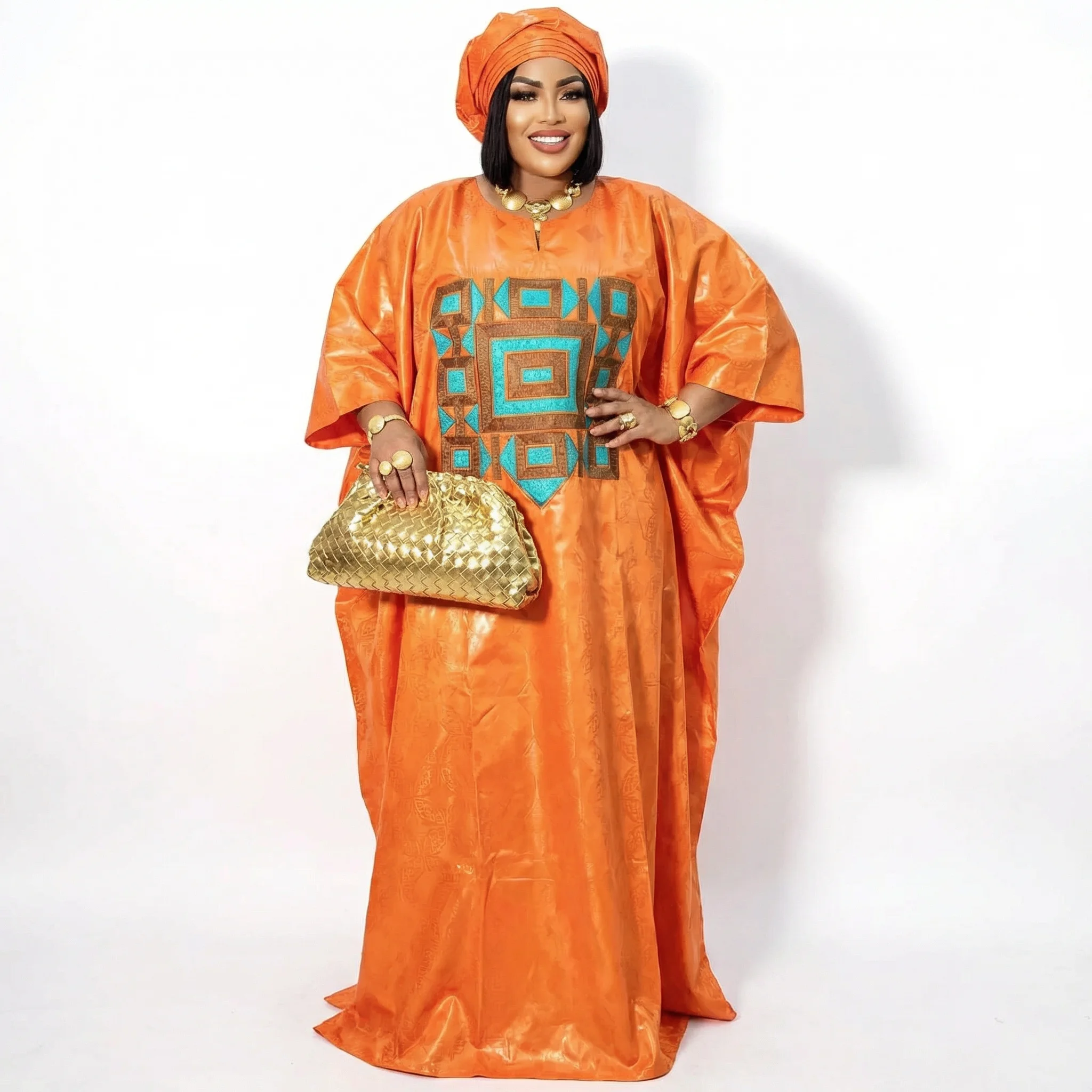 

African Dresses For Women Plus Size Bazin Riche Embroidery Design Long Dress With Scarf