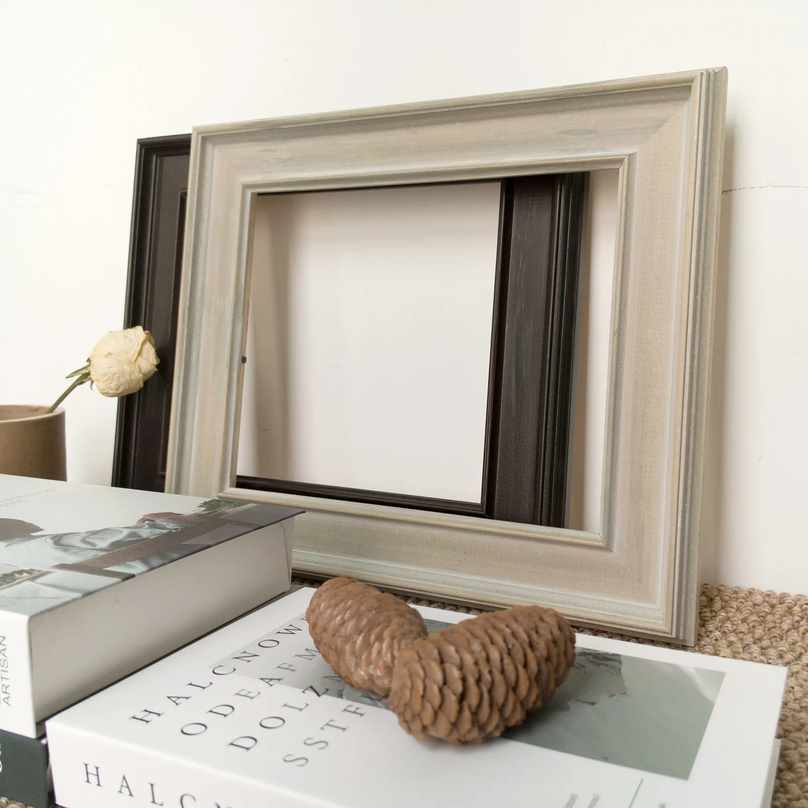 5cm Retro Natural Washed Oak Solid Wood Wide Angled Recessed Gallery Frame for Minimalist Artworks Neutral Tone Home Display