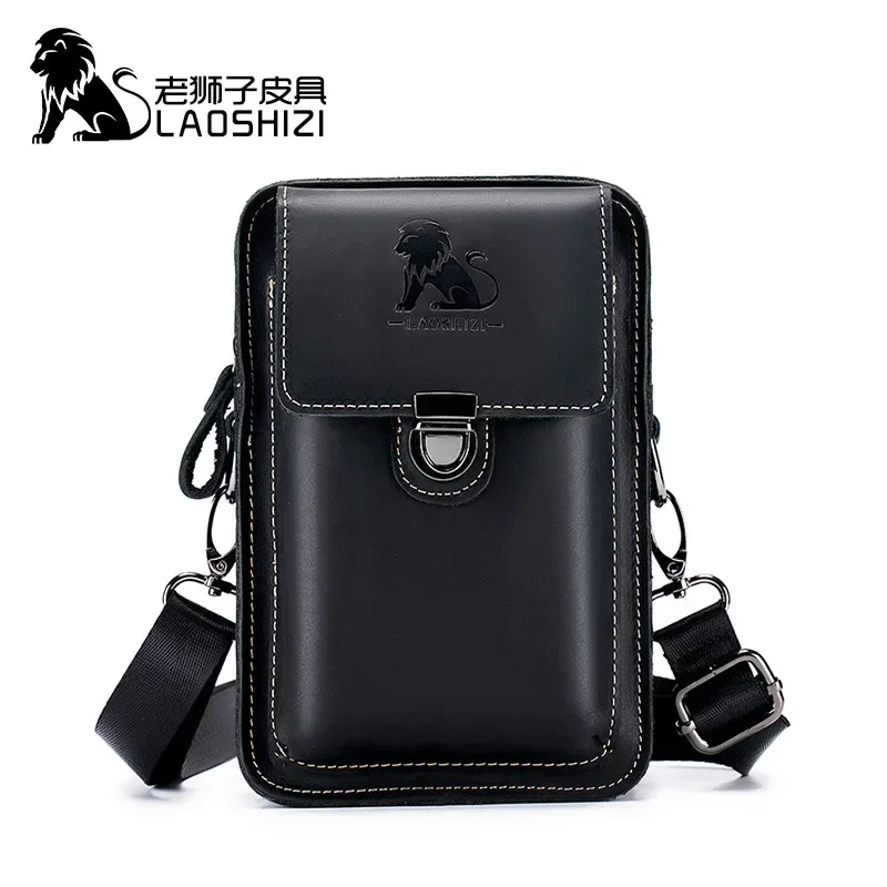 Crazy Horse Skin Men's Wearing Belt Phone Waist Bag Top Layer Cowhide Multi functional Single Shoulder Crossbody Phone Bag