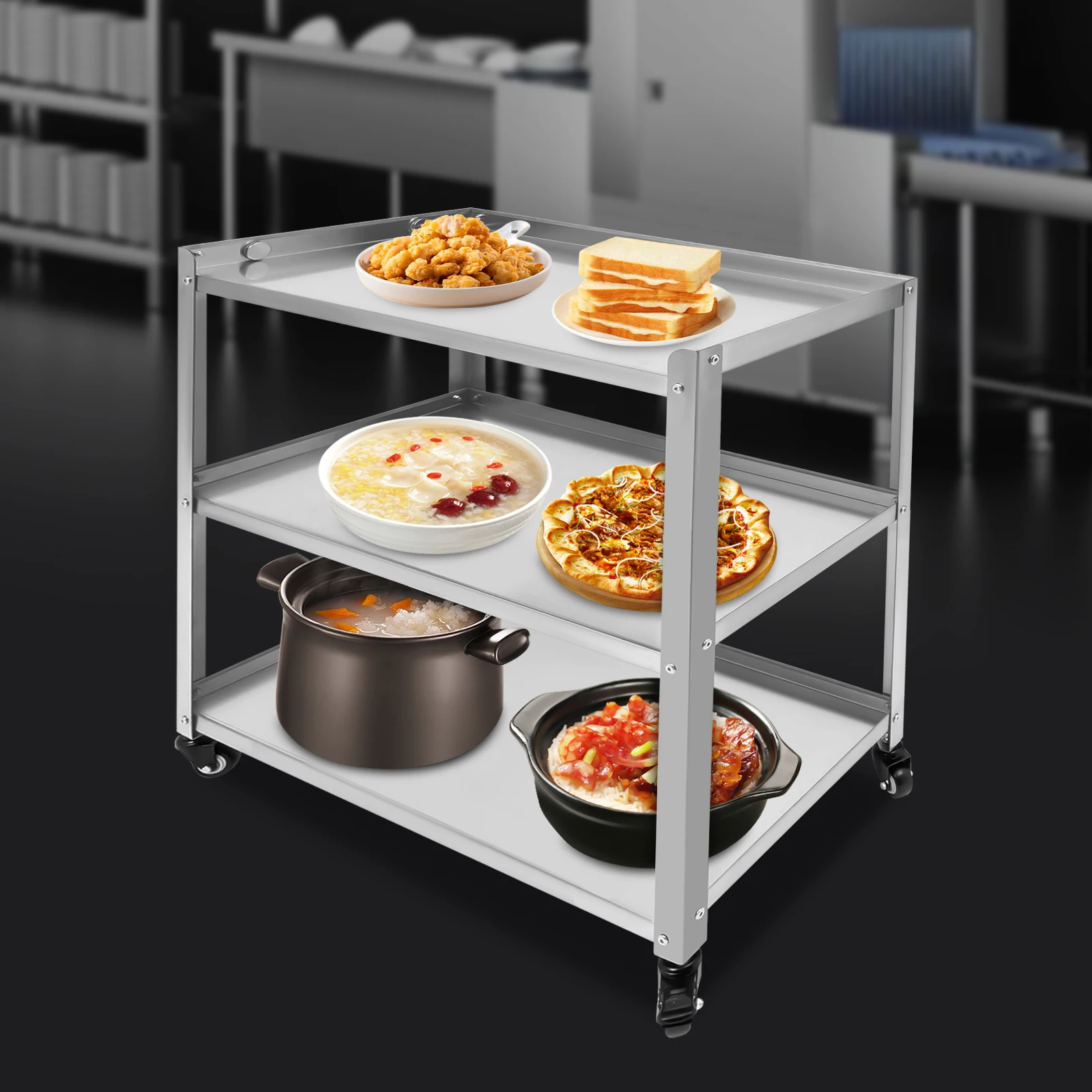 3-Tier Stainless Steel Kitchen Trolley Cart Simple Installation Easy Clean Convenient Handle For Office Cafeteria Spa Club