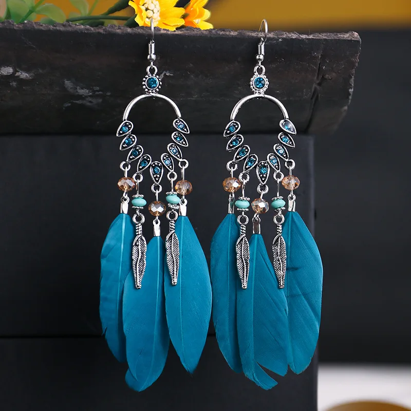 Böhmische lange Feder-Ohrringe für Frauen, klassische ethnische Retro-Temperament-Kette, Blatt-Perlen-Quasten-Ohrringe, Boho-Hochzeitsschmuck – Detail 10